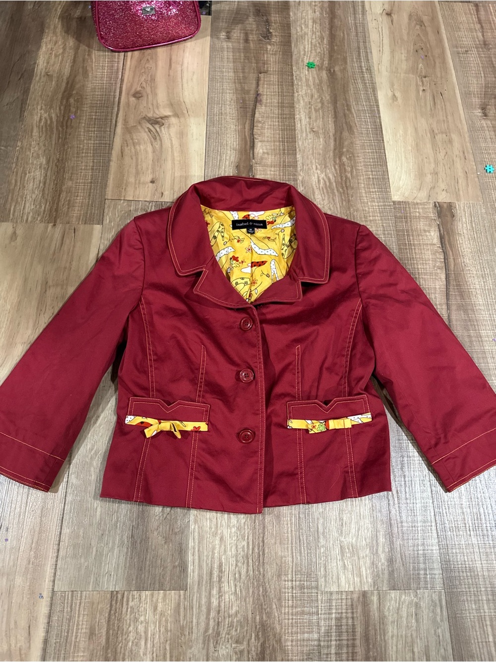 Women's Red Cropped Blazer with Yellow Printed Trim